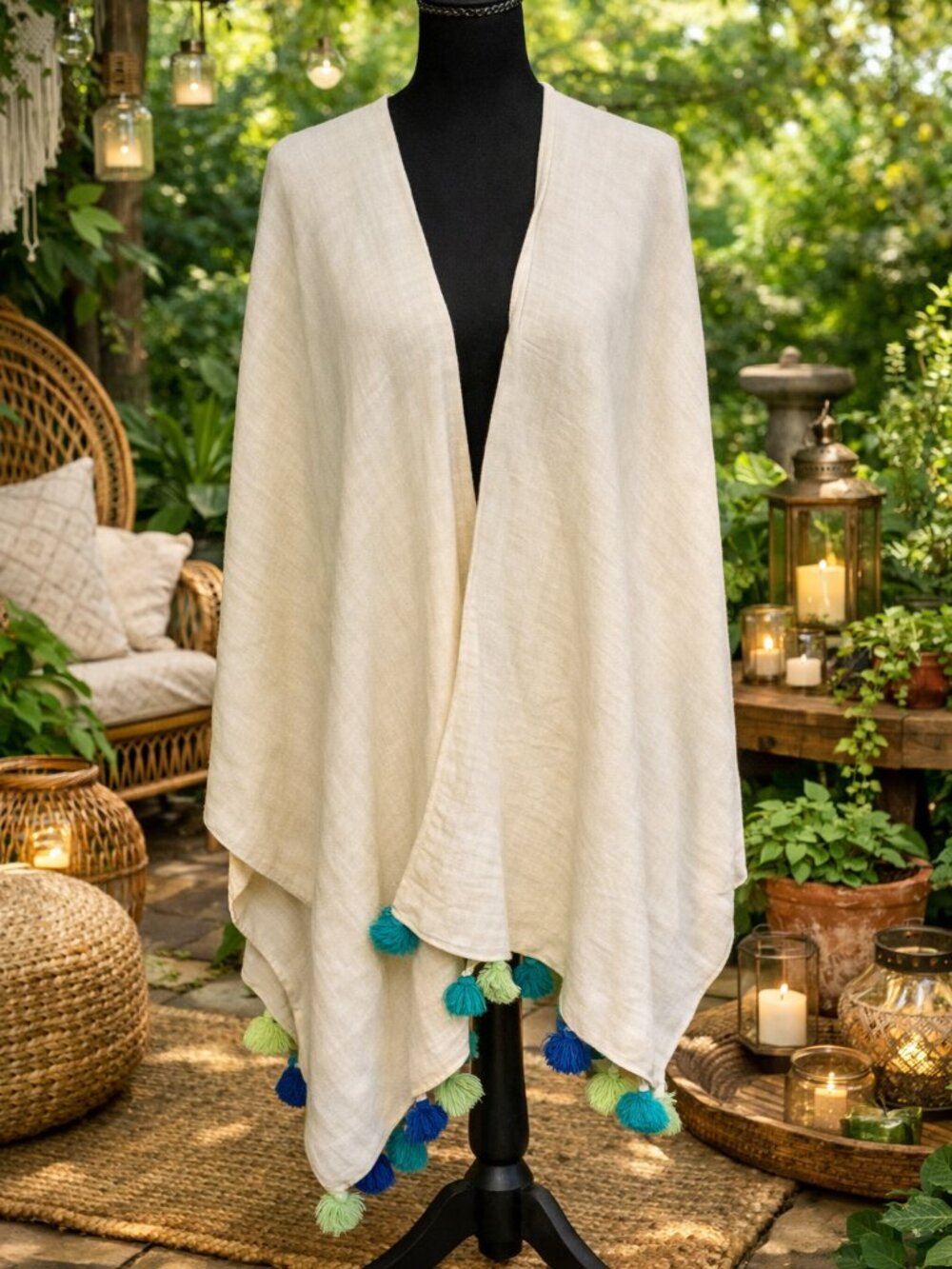 Mer sea Ivory Pom-Pom Shawl Wrap Travel Poncho NWOT OS